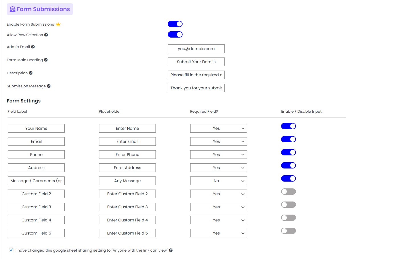 Order Form Settings in Google Sheet